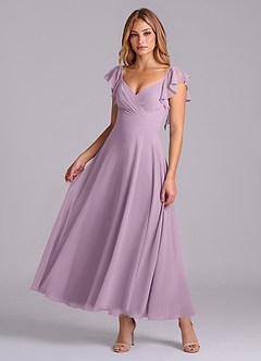 Azazie Leilani 신부 들러리 드레스 A라인 셔링 쉬폰 발목 길이 드레스 image1