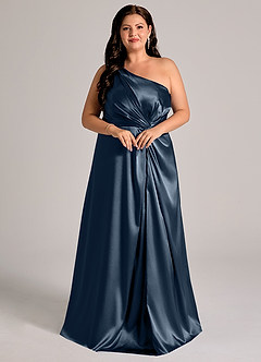 Azazie Brooke Bridesmaid Dresses Dark Navy A-Line One Shoulder Metallic Satin Dress image11