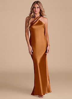 Azazie Doretta Bridesmaid Dresses Copper Mermaid Bow Metallic Satin Dress image3