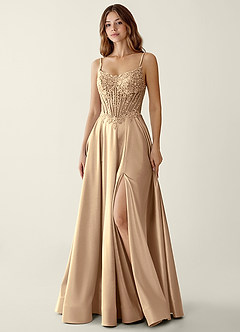 Zuri Champagne Satin Wrap Beaing Corset A-line Prom Dress image6