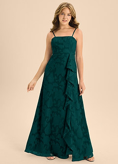 Azazie Kaylee Junior Abito A-Line in Burnout Floreale Con Cintura Pino image4