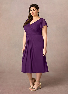 Azazie Vera Mother of the Bride Dresses Grape A-Line V-Neck Pleated Mesh Dress image7