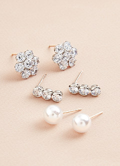 front Juego de aretes de perlas y diamantes de imitación de tres piezas