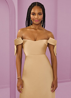 Barbie ♥ Azazie Bridesmaid Dresses Gold Sheath Off the Shoulder Stretch Satin Convertible Dress image5