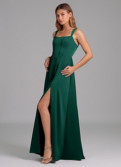 Azazie Rosaline Bridesmaid Dresses Emerald A-Line Side Slit Stretch Satin Dress image5