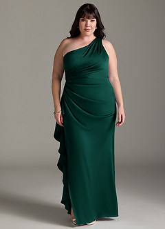 Azazie Latrice Bridesmaid Dresses Emerald Sheath One Shoulder Cascading Ruffles Stretch Satin Dress image6