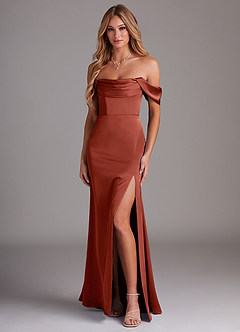 Azazie Saige Bridesmaid Dresses Terracotta Sheath Off the Shoulder Stretch Satin Dress image1
