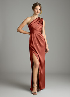 Azazie Emorie Bridesmaid Dresses Terracotta Sheath One Shoulder Stretch Satin Dress image1