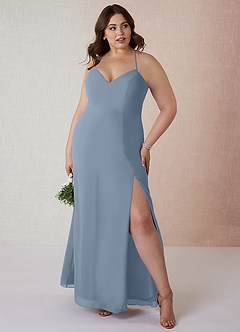 Azazie Manila Jurken voor bruidsmeisjes Jurk van Chiffon met Kolom V-hals Stoffig Blauw image7