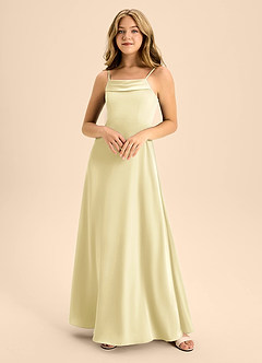 Azazie Anselie Junior Lemon Sorbet A-Line Off the Shoulder Stretch Satin Dress image3