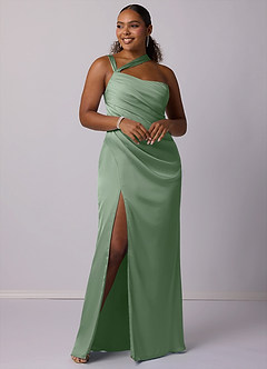 Barbie ♥ Azazie Vestidos de damas de honor Vestido de Matcha de Satén Elástico de Corte Sirena con Hombro unilateral image8