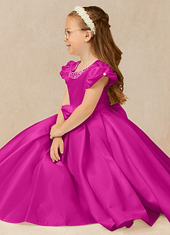 Azazie Jewel Flower Girl Dresses Fuchsia Ball-Gown Pleated Matte Satin Dress image3