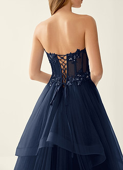 Anais Navy Corset Lace Up Back Lace Ruffled Prom Dress image7