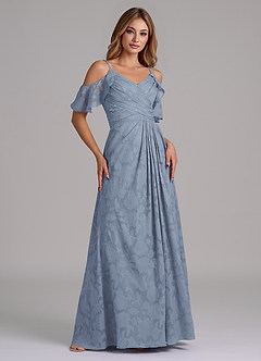 Azazie Dakota 신부 들러리 드레스 A라인 오프 더 숄더 플로럴 번아웃 바닥 길이 드레스 image4