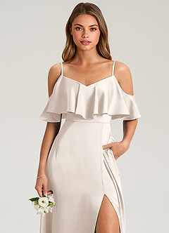 Azazie Jean Bridesmaid Dresses White Alabaster A-Line Off the Shoulder Stretch Satin Dress image6