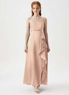 Azazie Kaylee Junior English Rose A-Line with Belt Metallic Satin Dress image4