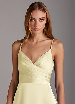 Azazie Calissa Final Sale Agave A-Line V-Neck Pleated Stretch Satin Dress image5