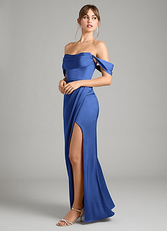 Azazie Johana Bridesmaid Dresses Royal Blue Mermaid Off the Shoulder Stretch Satin Convertible Dress image7