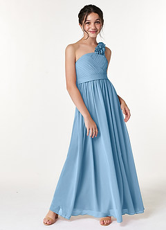 Azazie Flower Junior Abito A-Line in Chiffon Plissettato Blu Acciaio image3