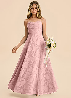 Azazie Bear Junior Powder Pink A-Line Pleated Floral Burnout Dress image1