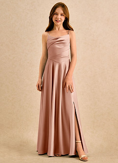 Azazie Coconut Girls Formal Final Sale Rose Gold A-Line Pleated Stretch Satin Dress image4