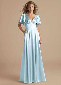 Azazie Kimber Bridesmaid Dresses Sky Blue A-Line Ruched Metallic Satin Dress image1