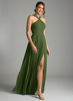 Azazie Afra Abiti da Damigella Abito A-Line in Chiffon Plissettato Oliva image3