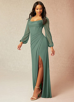 Azazie Charissa Final Sale Eucalyptus Sheath Corset Pleated Mesh Dress image4