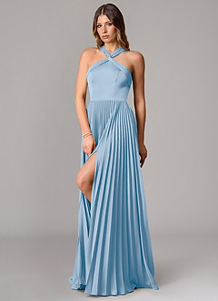 Azazie Afra Abiti da Damigella Abito A-Line in Raso Elasticizzato Plissettato Azzurro Polvere image4