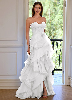 Aurelia Biały Suknia balowa w kwiaty z dekoltem w kształcie serca i falbanką w kształcie litery A, asymetryczna image6