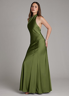 Azazie Sahara Bridesmaid Dresses Olive A-Line Pleated Stretch Satin Dress image3