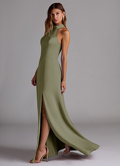 Azazie Myra Bridesmaid Dresses Pistachio A-Line Side Slit Stretch Satin Dress image5