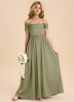 Azazie Hattie Junior Abito A-Line in Raso Elasticizzato Plissettato Pistacchio image3