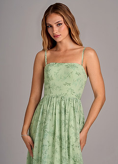 Azazie Calianna Jurken voor bruidsmeisjes Converteerbaar Jurk van Chiffon met A-Lijn Off the Shoulder Groene Varen Bloemen image6