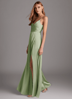 Azazie Calissa Final Sale Dusty Sage A-Line V-Neck Pleated Stretch Satin Dress image4