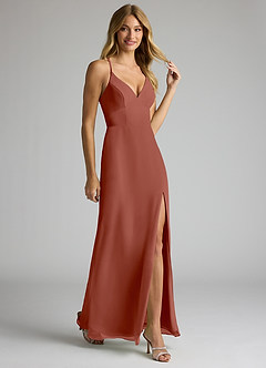 Azazie Becca Brautjungfernkleider Etui V-Hals Chiffon Kleid Rotbraun image2