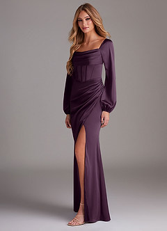 Azazie Charissa Bridesmaid Dresses Plum Sheath Long Sleeve Stretch Satin Dress image5