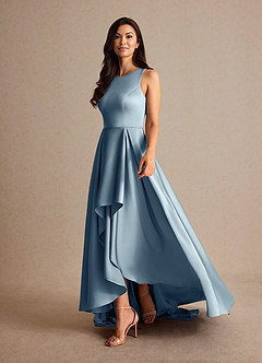 Azazie Niles vestidos de madre de la novia Vestido de Azul Polvoriento de Satén Elástico de Corte En A con Trenes image3