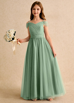 Azazie Yuna Girls Formal Flower Girl Dresses Matcha A-Line Off the Shoulder Tulle Dress image5
