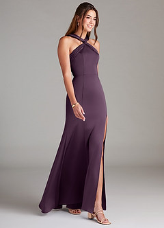 Azazie Rue Bridesmaid Dresses Plum A-Line Pleated Stretch Satin Dress image4