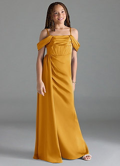 Azazie Amyra Junior Butterscotch Sheath Off the Shoulder Stretch Satin Dress image3