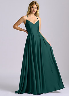 Azazie Truce Robes de demoiselle d'honneur Robe Trapèze en Satin extensible Vert Pin image6