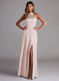 Azazie Calianna Bridesmaid Dresses Blushing Pink A-Line Off the Shoulder Stretch Satin Convertible Dress image3