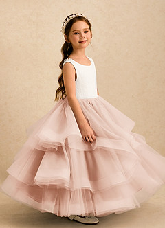Azazie Madison Abiti da Ragazza di Fiori Abito Principessa in Tulle Pizzo Avorio Rosa Inglese image4
