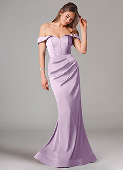 Azazie Everly At-home Try On Dresses Amethyst Mermaid Off the Shoulder Stretch Satin Convertible Dress image6