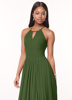 Azazie Cherish Bridesmaid Dresses Olive A-Line Pleated Chiffon Dress image1
