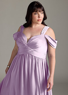 Azazie Lianne Bridesmaid Dresses Frosted Lilac A-Line Off the Shoulder Stretch Satin Dress image6