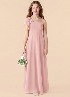 Azazie Arabella Junior Vestido de Rosa Empolvado de Gasa de Corte en A con Volante image6