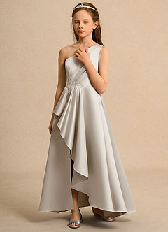 Azazie Taffy Junior Formal vestidos de niña de las flores Vestido de Escarcha de Satin Mate de Corte En A con Encaje image5