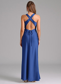 Azazie Evadne Bridesmaid Dresses Royal Blue A-Line Pleated Stretch Satin Dress image2